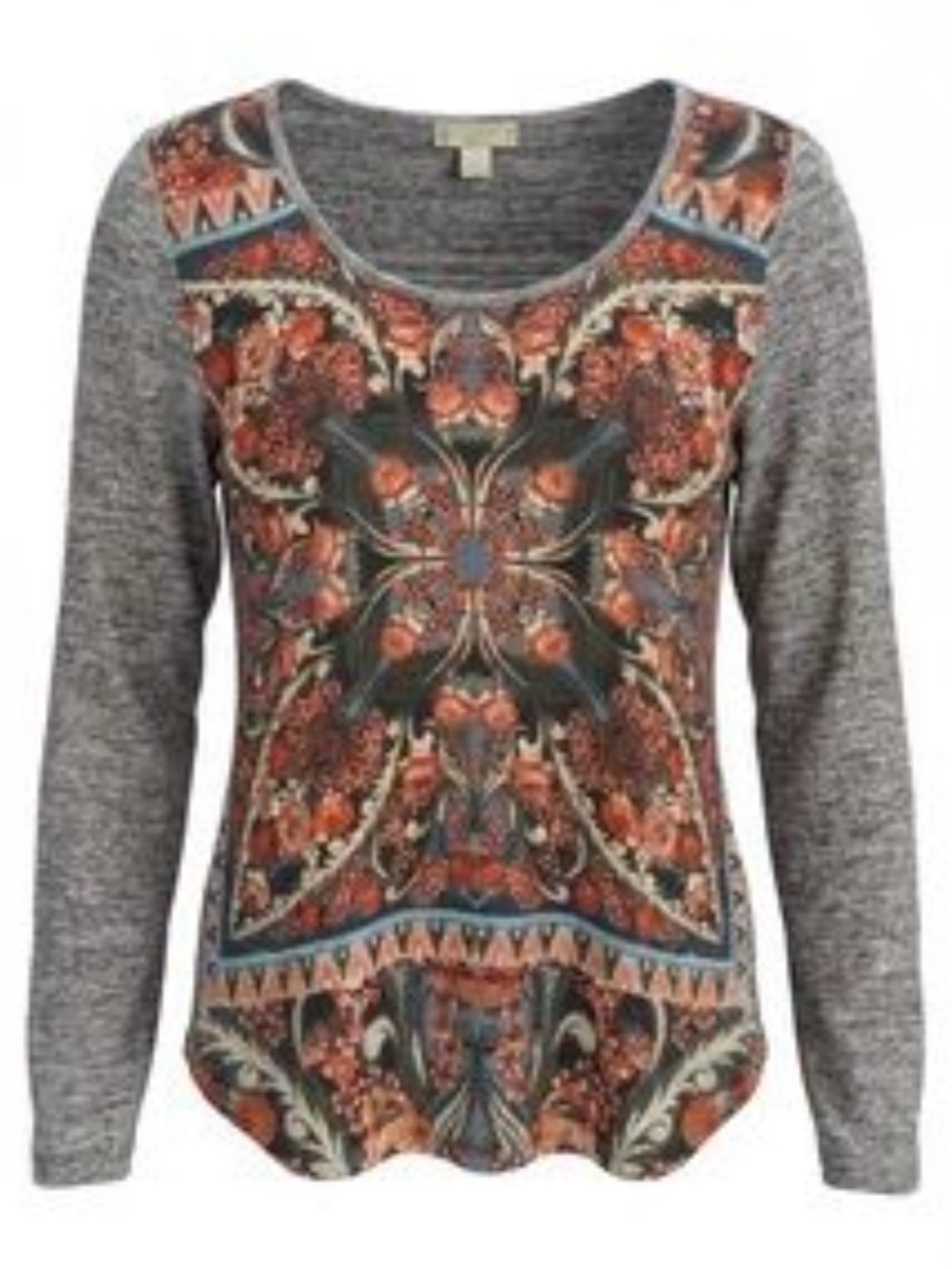 Energe Red Floral Patterned Long Sleeved Gray Top